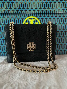Tory Burch Black Leather Chain Crossbody with Gold Logo